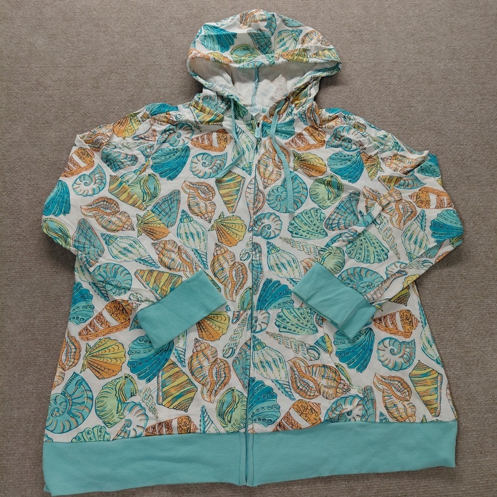 Sun Bay Sea Shell Full Zip Up Lightweight Hoodie Women's 1X‎ Colorful Blue *READ